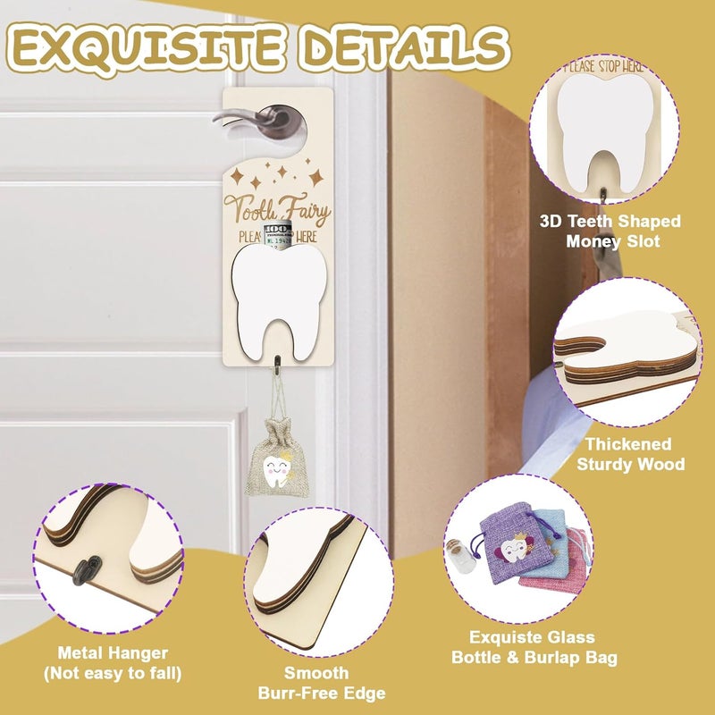 AINBIN Tooth Fairy Tooth Holder, Tooth Fairy Door Hanger with Money Slot, Keepsake Bottle & Burlap Pouch for Lost Teeth Milk Teeth, Encourage Gift for Boys Girls (Light Brown) - Image 4
